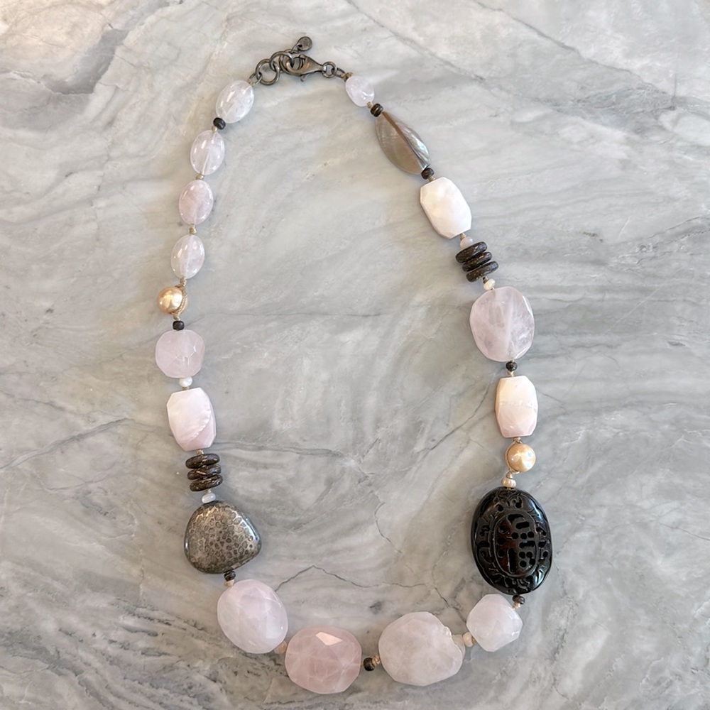 Silpada Silver Pink Rose Quartz Palm Wood Silk Necklace